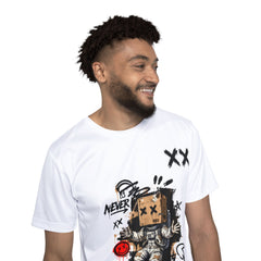 Astronaut Graffiti Tee — Men's Graphic Sports Jersey with 'Never' Box-Head Design