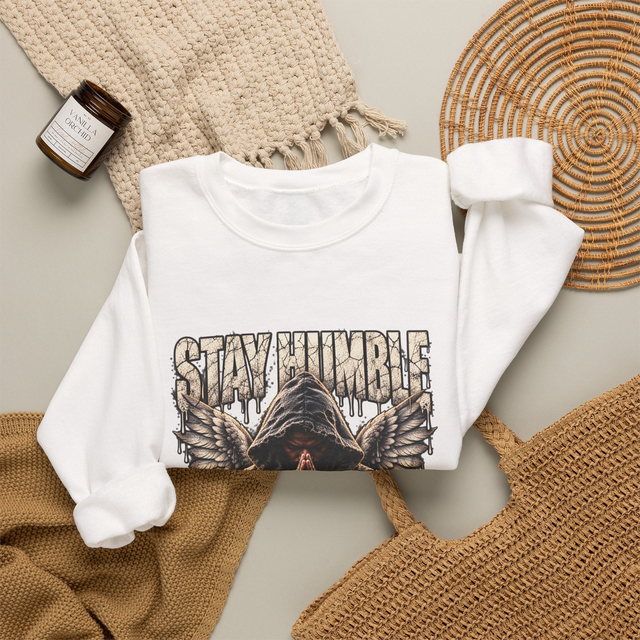Stay Humble Hoodie-Style Crewneck Sweatshirt with Praying Angel Graphic