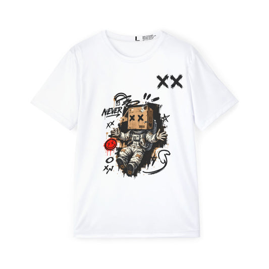 Astronaut Graffiti Tee — Men's Graphic Sports Jersey with 'Never' Box-Head Design