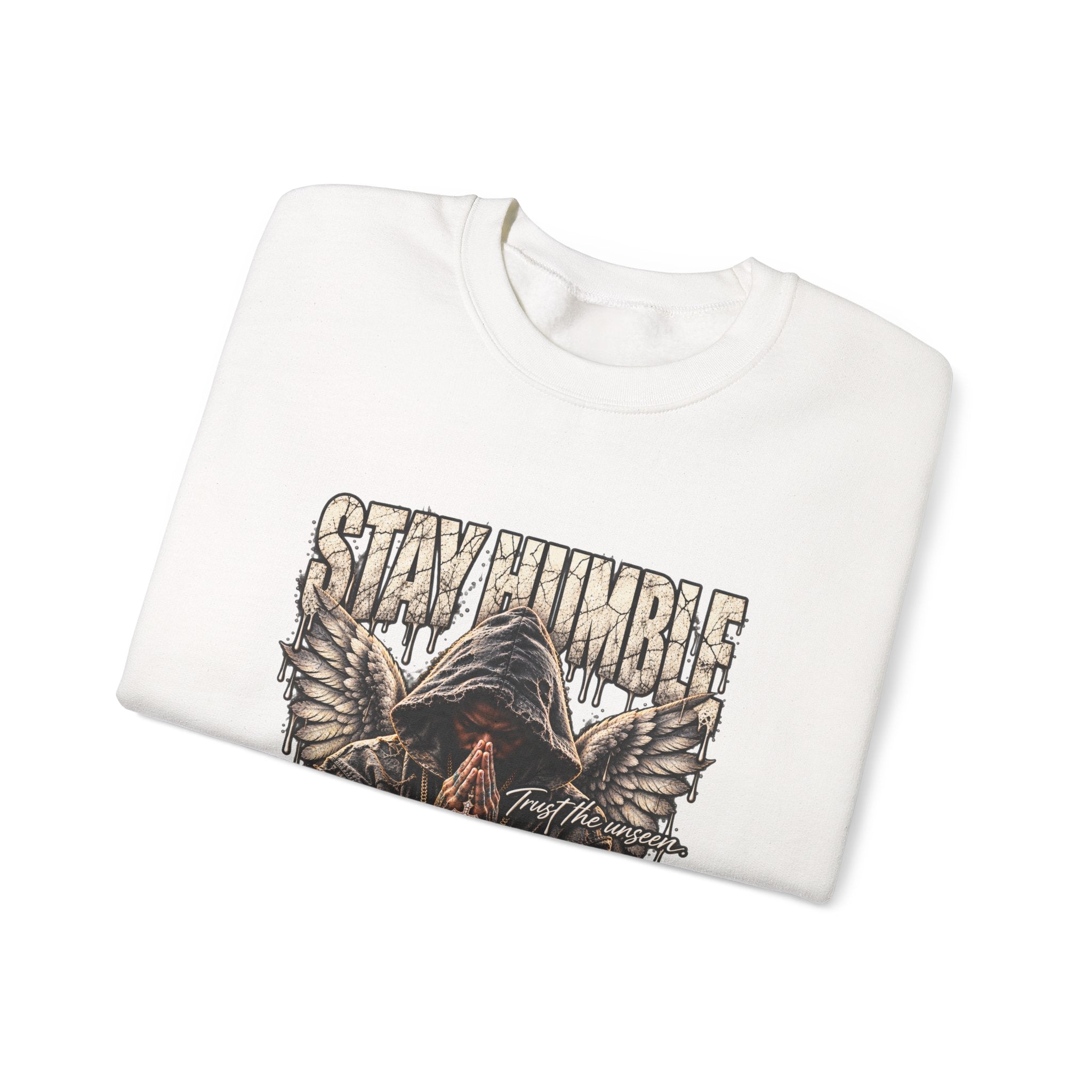 Stay Humble Hoodie-Style Crewneck Sweatshirt with Praying Angel Graphic