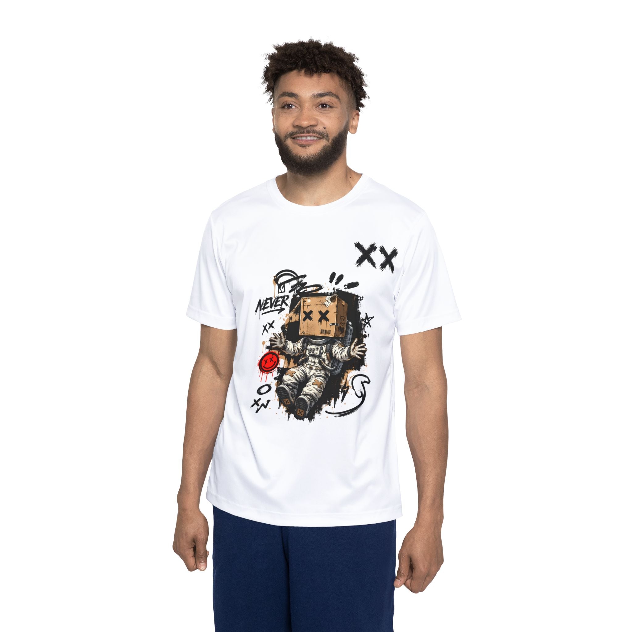 Astronaut Graffiti Tee — Men's Graphic Sports Jersey with 'Never' Box-Head Design